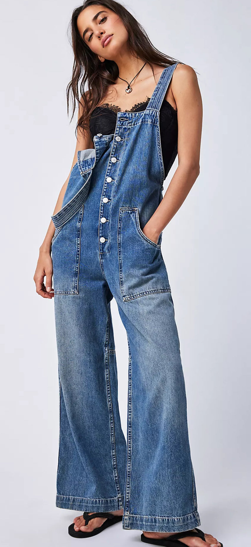 Free People Field Of Flowers Wide Leg Denim Overalls (L)