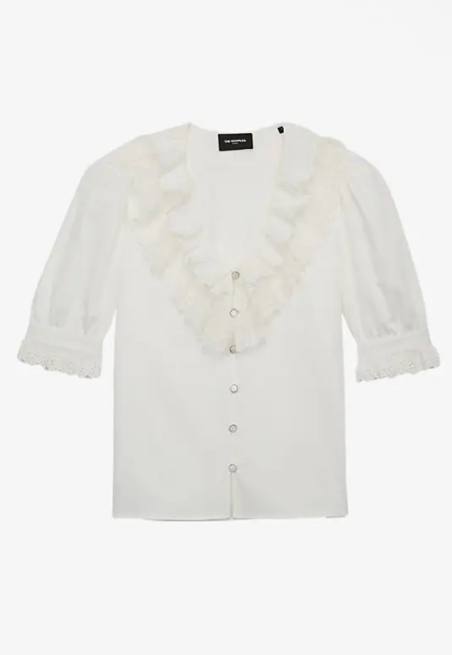 The Kooples Ruffled Trim V Blouse (3 = L)